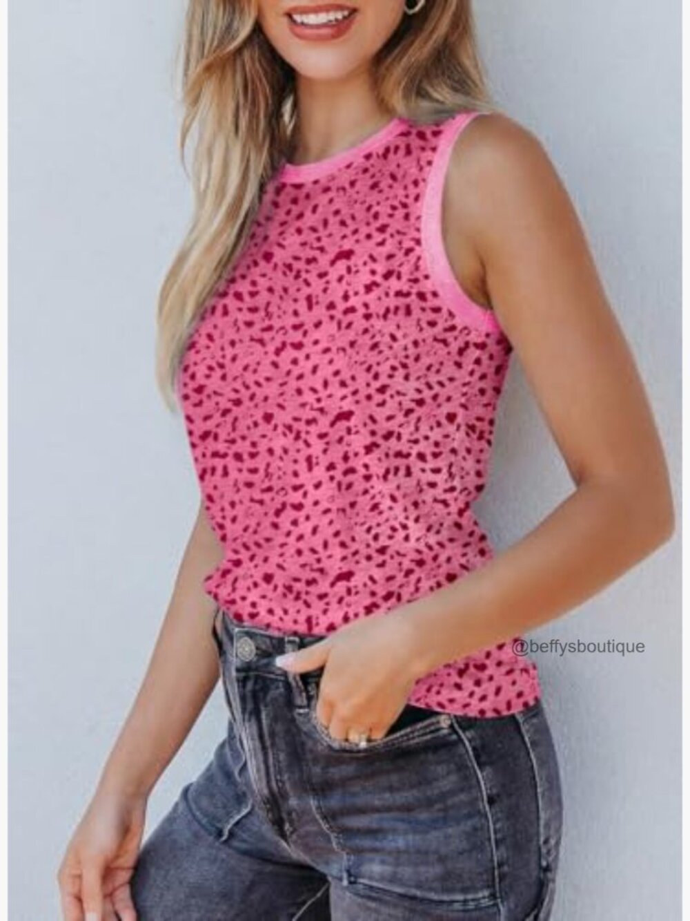 Leopard Print Tank Top Crewneck Sleeveless Summer Casual Blouse - Picture 5 of 7